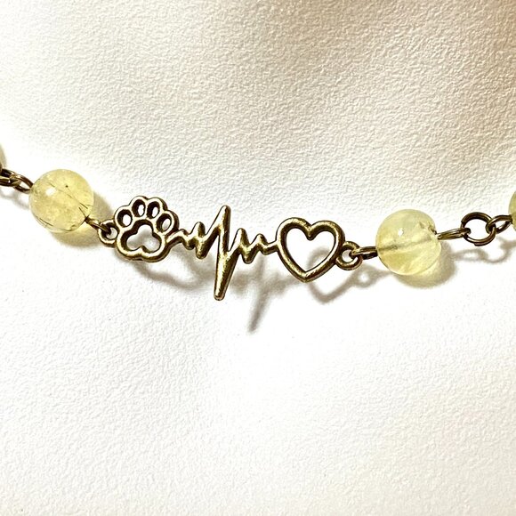 Natural Prehnite Necklace, Bronze Paw Print Heart Beat + Genuine Gemstone - Picture 1 of 16